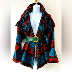Colorful Aztec Tribal Print Fringe Cardigan Size M